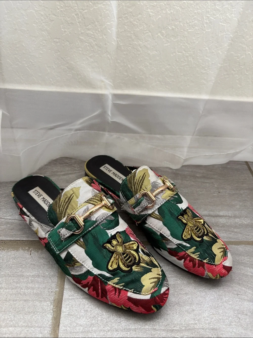 Green Red Floral Embroidered Mules with Gold Bee